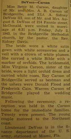 Marriage Notice for A. Sidney DeVOSS, III to Betty M. Carson, 2 Jul 1943