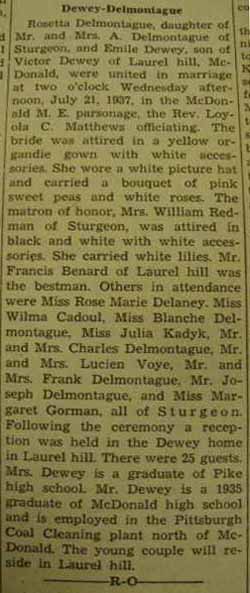 Marriage Notice for Emile DEWEY to Rosetta Delmontague, 21 Jul 1937