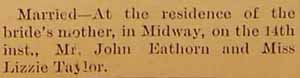 Marriage Notice for John EATHORN to Lizzie Taylor, 14 Oct 1892
