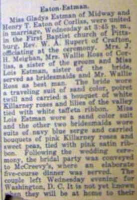 Marriage Notice for Henry T. EATON to Gladys Estman, no date, in 4-28-1917 paper