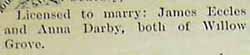 Marriage License for James ECCLES to Anna Darby, no date, in paper Aug 1892