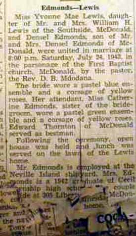 Marriage Notice for 
        Densel EDMONDS to Yvonne Mae Lewis, 24 Jul 1943