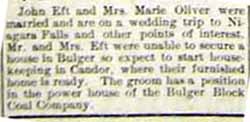 Wedding Announcement for John EFT to Marie Oliver, (Mrs.), no date, in 8-30-1912 paper