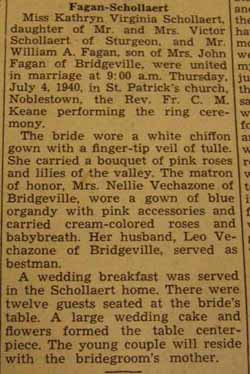 Marriage Notice for William A. FAGAN to Kathryn Virginia Schollaert, 4 Jul 1940