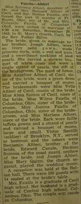 Marriage Notice for Sistino FAIELLA to Sittemia Altieri, 20 Nov 1943