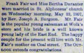 Marriage Notice for Frank FAIR to Bertha Duranter, 22 May 1907