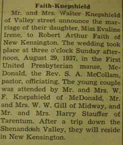 Marriage notice for 
        Robert Arthur FAITH to Evaline Irene Knepshield, 29 Aug 1937