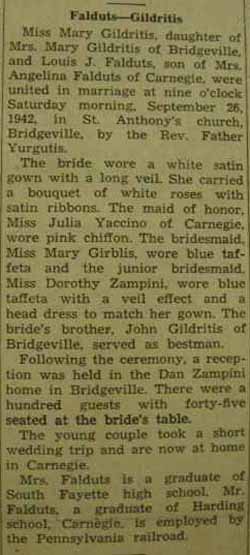 Marriage Notice for Louis J. FALDUTS to Mary Gildritis, 26 Sep 1942
