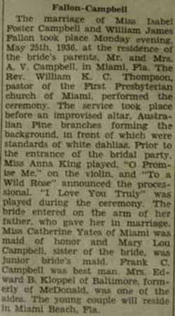 Marriage Notice for William James FALLON to Isabel Foster Campbell, 25 May 1936