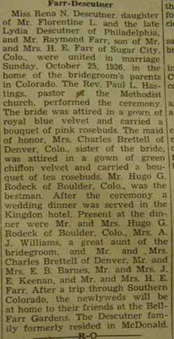 Marriage Notice for Raymond FARR to Rena N. Descutner, 25 Oct 1936