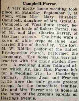 Marriage Notice for Robert FARRAR to Mary Elizabeth Campbell, 3 Sep 1927