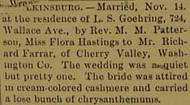 Marriage Notice for Richard FARRAR to Flora Hastings, 14 Nov 1894