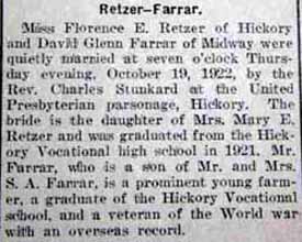 Marriage Notice for David Glenn FARRAR to Florence E.
Retzer, 19 Oct 1922
