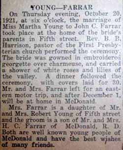 Article 1 Marriage Notice for John Crooks FARRAR to Martha Witherspoon Young, 20 Oct 1921