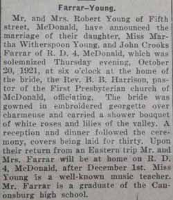 Article 2 Marriage Notice for John Crooks FARRAR to Martha Witherspoon Young, 20 Oct 1921