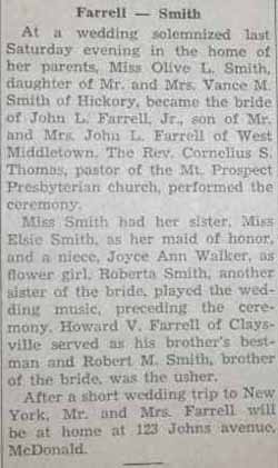 Marriage Notice for John L. FARRELL, Jr. to Olive L. Smith, no date, in 10-10-1947 paper