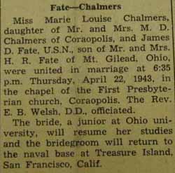 Marriage Notice for James D. FATE to Marie Louise Chalmers, 22 Apr 1943
