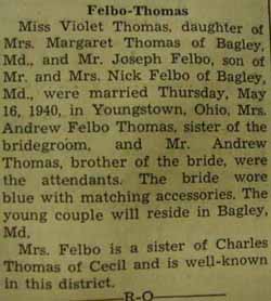 Marriage Notice for Joseph FELBO to Violet Thomas, 16 May 1940