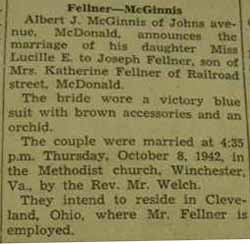 Marriage Notice for Joseph FELLNER to Lucille E. McGinnis, 8 Oct 1942