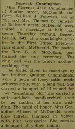 Part 1 Marriage Notice for William J. FENWICK to Florence Jean Cunningham, 10 Dec 1942