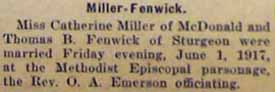 Marriage Notice for Thomas B. FENWICK to Catherine Miller, 1 Jun 1917
