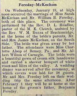 Marriage Notice for William B. FEREDAY to Miss Sarah McKECHAN, Weds., Jan. 18, 1911
