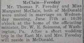 Marriage Notice for Thomas P. FEREDAY to Margaret McClain, 27 Jun 1923
