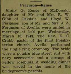 Marriage notice for Lloyd W. FERGUSON to Emily G. Rence, 10 Mar 1943