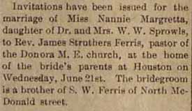 Marriage Notice for James Struthers FERRIS to Nannie Margretta Sprowls, 21 Jun 1905