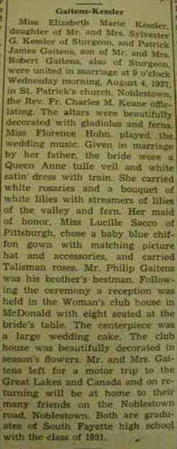 Marriage Notice for  
Patrick James GAITENS to Elizabeth Marie Kessler, 4 Aug 1937