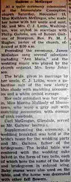 Part 1 Marriage Notice for Andrew F. GAITENS to Eleanor A. McGregor, 23 Nov 1939