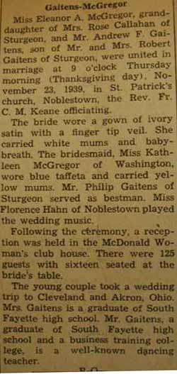 Marriage notice for 
Philip GAITENS to Kathleen McGregor, 15 Nov 1947