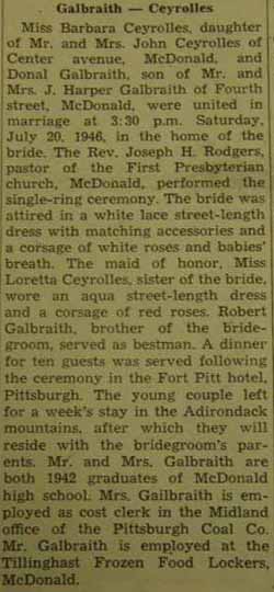 Donal GALBRAITH to Barbara Ceyrolles, 20 Jul 1946