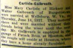 Marriage Notice for Walter GALBRAITH to Mary Carlisle, 14 Jun 1917