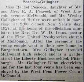 Marriage Notice for Wesley GALLAGHER to Rachel Peacock, 1 Jan 1927