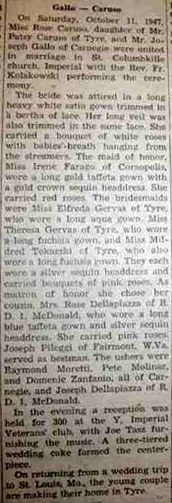 Marriage Notice for Joseph GALLO to Rose Caruso, 11 Oct 1947