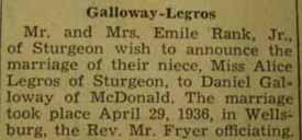 Marriage Notice for Daniel GALLOWAY to Alice Legros, 29 Apr 1936