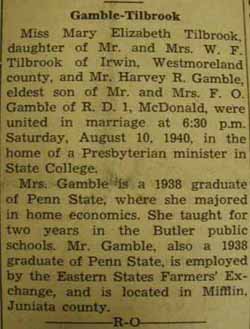 Marriage Notice for 
Harvey R. GAMBLE to Mary Elizabeth Tilbrook, 10 Aug 1940