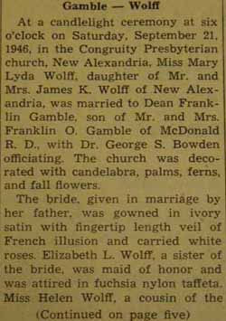 Part 1 Marriage Notice for Dean Franklin GAMBLE to Mary Lyda Wolff, 21 Sep 1946
