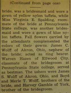 Part 2 Marriage Notice for Dean Franklin GAMBLE to Mary Lyda Wolff, 21 Sep 1946
