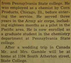 Part 4 Marriage Notice for Dean Franklin GAMBLE to Mary Lyda Wolff, 21 Sep 1946