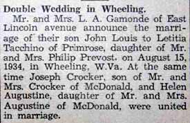 Double Wedding: Marriage Notice for John Louis GAMONDE to Letitia Tacchino, 15 Aug 1934