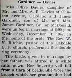 Part 1 Marriage Notice for James GARDINER to Olive Davies, 31 Dec 1947