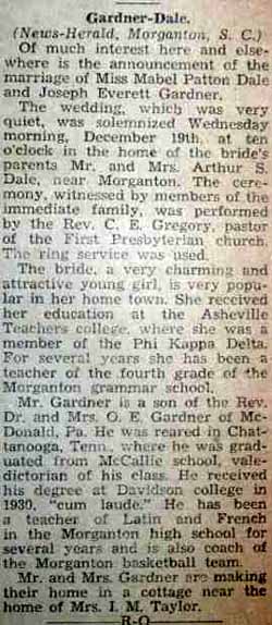 Marriage Notice for Joseph Everette GARDNER to Mable Patton Dale, 19 Dec 1934