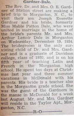 Article 1 marriage notice for Joseph Everette GARDNER to Mable Patton Dale, 19 Dec 1934
