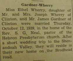 Marriage notice for 
James GARDNER to Ethel Wherry, 12 Oct 1939