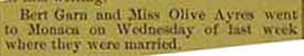 Marriage Notice for Bert GARNS to Miss Olive AYRES, Weds., March 2, 1910