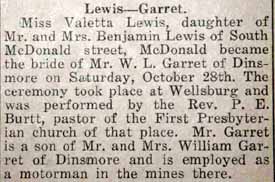 Marriage Notice for W. L. GARRET to Valetta Lewis, 28 Oct 1922