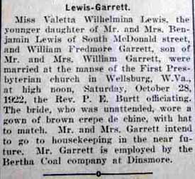 Marriage Notice for W. L. GARRET to Valetta Lewis, 28 Oct 1922
