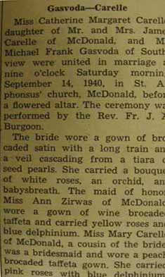 Part 1 marriage notice for Michael Frank GASVODA to Catherine Margaret Carelle, 14 Sep 1940